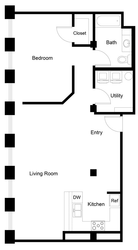 Floor plan for 1 bed, 1 bath, 1000 sqft
